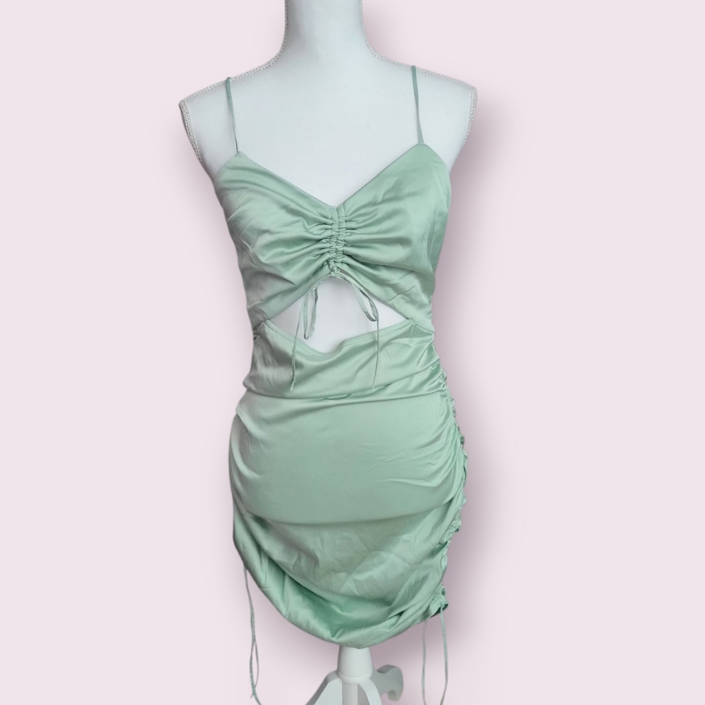 Sage Light Green Mint Ruched Mini Dress Sleeveless Spaghetti Straps Light